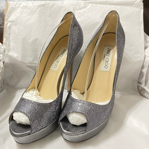Jimmy Choo Dahlia, Dark silver Glitter peep pumps EU38.5 120mm, 3/4 platform. - Picture 5 of 10